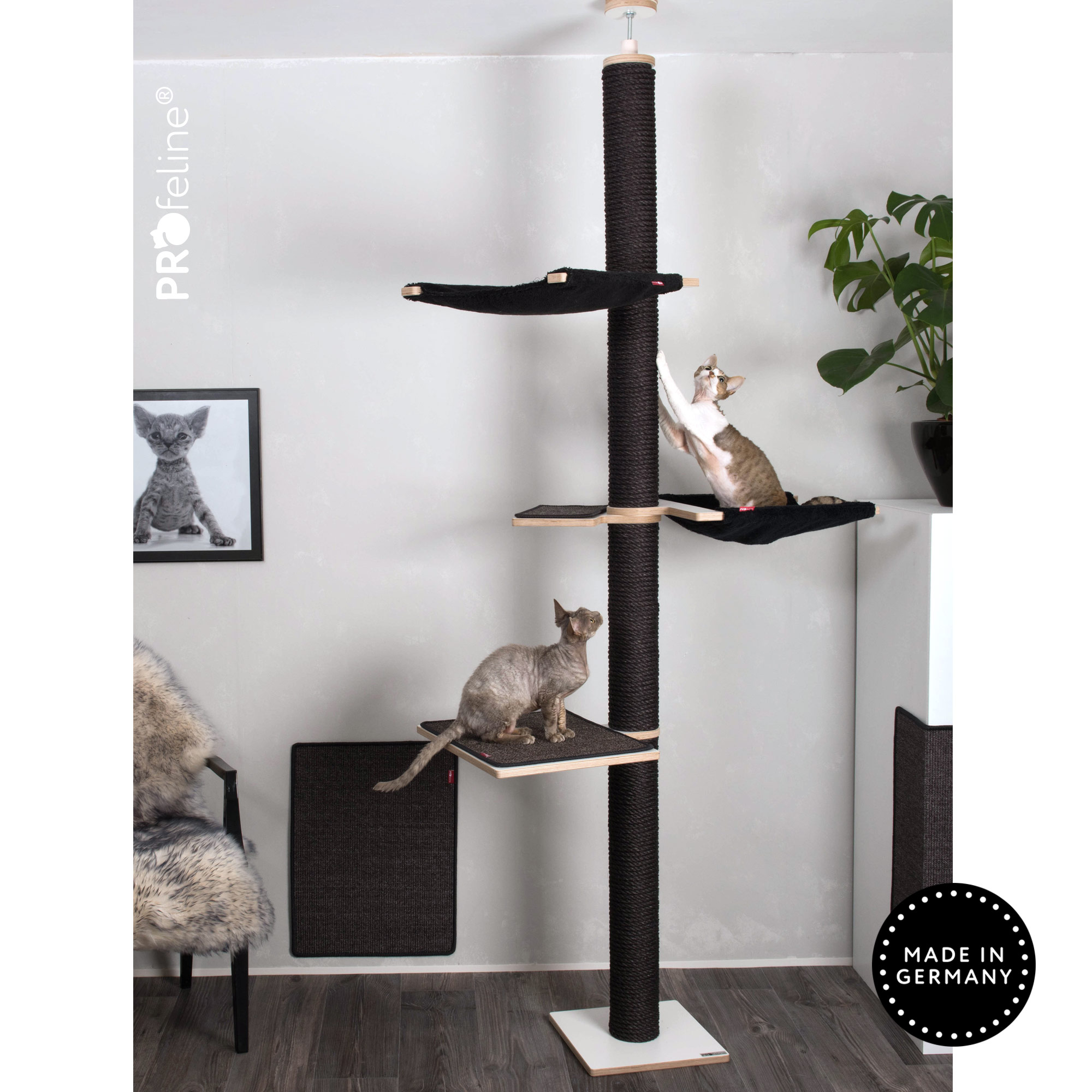 PURE Ceiling Cat Tree Kara Deckenhoher kratzbaum Sisal Schwarz, Hängematte Schwarz, Sisalauflage Anthrazit