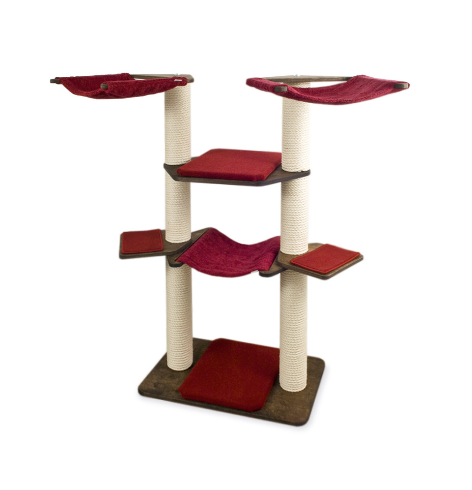 Cat Tree Model Otto Katzenbaum Eiche Bezug Teppich Rubinrot / Oak, Carpet Cover Ruby Red
