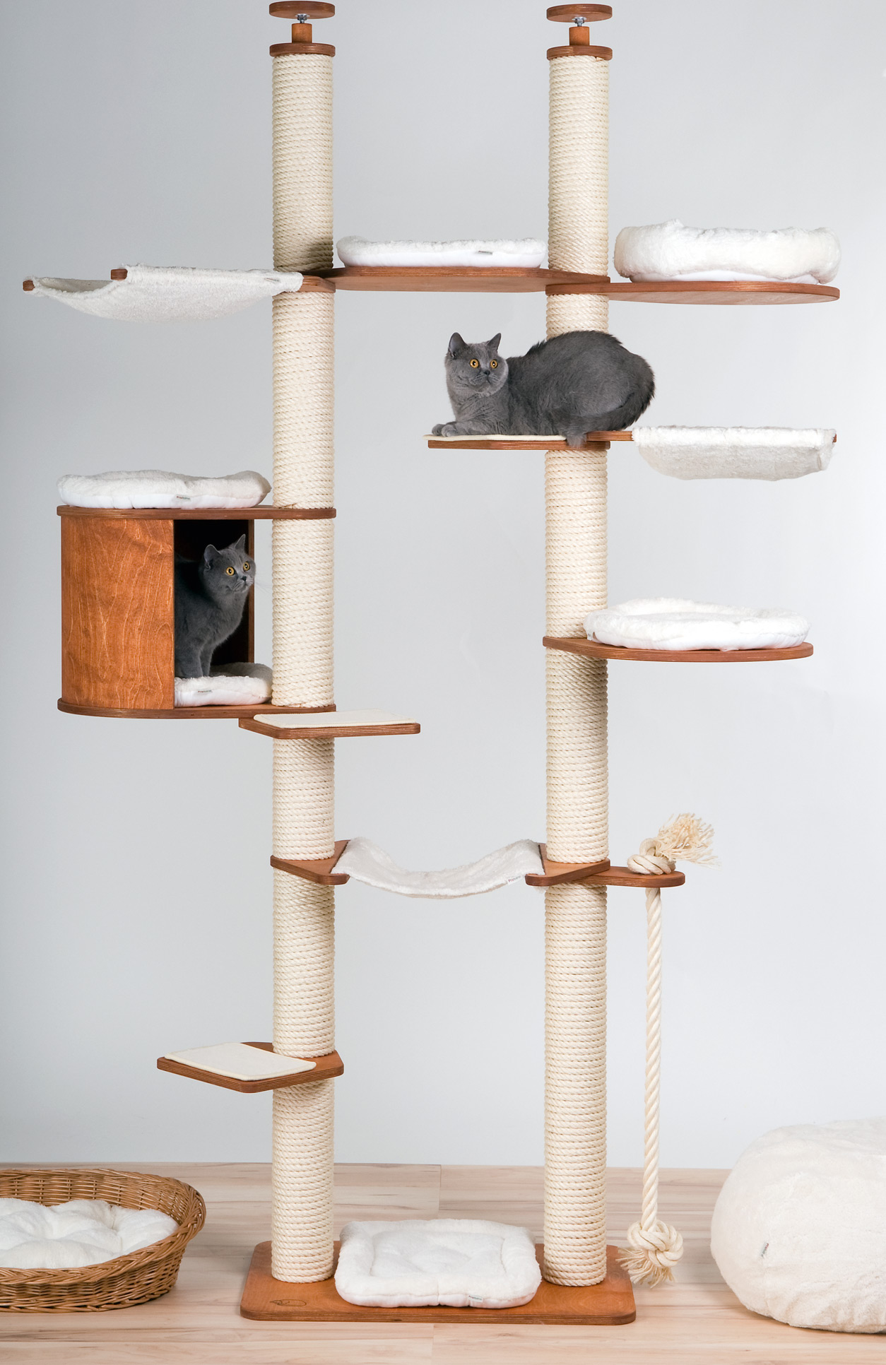 Ceiling Cat Tree Model Vigo Grosser Deckenspanner Kratzbaum Kirsche, Klettkissen Natur / Cherry, Velcro Cushion Natural