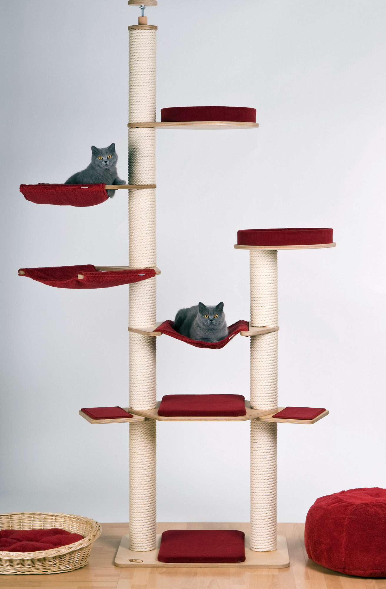 Ceiling Cat Tree Model Rebecca Grosser Deckenhoher Kratzbaum Birke, Teppich Rubinrot / Birch, Carpet Cover Ruby Red